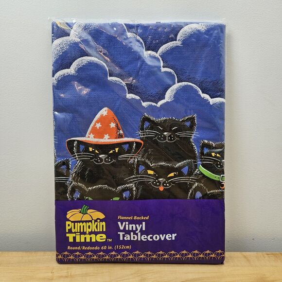 Vintage Pumpkin Time Vinyl Tablecover Halloween Black CATS Spooky WITCHES ROUND - Picture 1 of 3